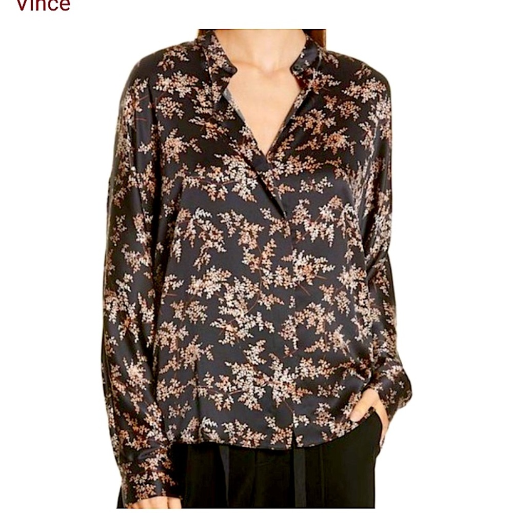 Vince Black Floral Satin Blouse with Blush and Cream Accents